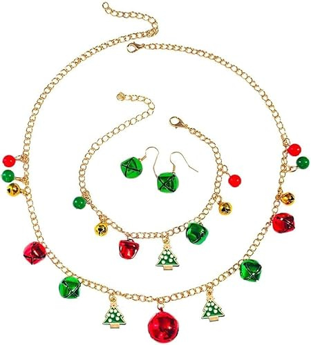 FDEETY Exquisites Weihnachts-Schmuckset für Frauen Goldkette mit Glocken und Weihnachtsbaum-Anhänger Ohrringe Perfekt für Weihnachtsfeiern und festliche Anlässe(SET A)