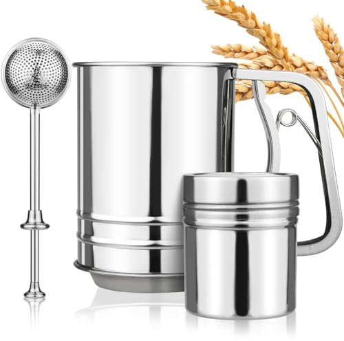 Flour Sifter, 3 in 1 Stainless Steel Sifter for Baking, 3 Cup Double Layer Fine Mesh Sifter, Powdered Sugar Shaker Duster Set for Baking Cakes, Pastries, Pies, Cupcakes and Desserts