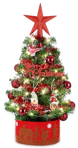 LEAZZLE Mini sapin de Noël artificiel - 60 cm - Avec étoile - Pointe de sapin - Fonctionne avec piles - Boules de Noël