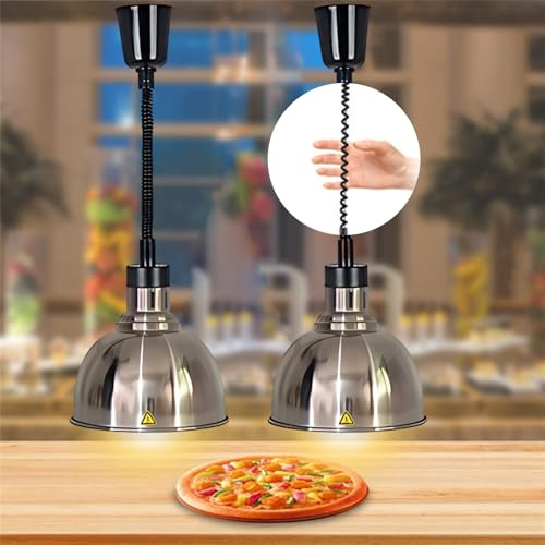Aocay Lampada Riscaldante per Alimenti, Sospeso Lampade Scaldavivande Cucina Regolabile, 250W Lampade Riscaldanti per Cucina, Ristoranti, Hotel a Buffet 19 cm/25 cm (2, 25cm Colore Acciaio)