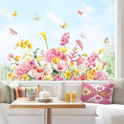 Tanlaby Fensterbilder Blumen Fensteraufkleber Sommer Frühling Fenster Abziehbilder Bunt Pflanzen Schmetterling Fenstersticker Anti-Kollision Glastüren Fensterdeko Aufkleber Wohnzimmer Küche Büro
