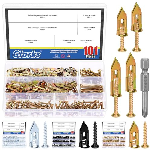 Glarks 201pcs Drywall ancres auto-forage avec ensemble de vis, 100pcs en acier au carbone creux ancre mur vissage vis avec 100pcs vis et 1pcs PH2 bit kit pour aucun forage ou trous dans le mur