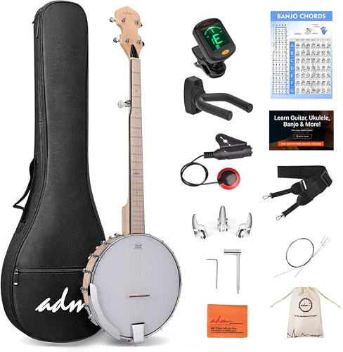 ADM 5 String Banjo Guitar Kit with Remo Drum Head and Geared 5th Tuner, 18 Bracket Beginner Banjoe Set Gift Package with Free Lessons & Starter Accessories for Adult Teens (Natural-Open Back, 38 Inch)