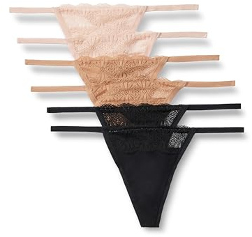 Amazon Essentials Women's Peached Microfiber with Lace Trim G-String, Pack of 6, Black/Soft Petal/Washed Bronze, Small