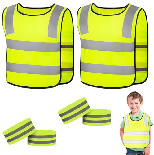 Gilet Jaune Enfant 2 PCS,Gilet Jaune Enfant Sécurité Routière + 2 paires Brassards Réfléchissants + Haute Visibilité + Taille M + Jaune Vert