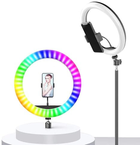 Qukaim RGB LED Selfie Round Light, USB Ring Light with Phone Clip, Photographic Lighting for Video Makeup, Fill Light, Adjustable Brightn, 10 in Diameter