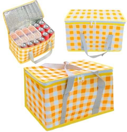 Ennoxwi Insulated Cooler Bag for Picnic Camping Beach, Thermal Bags for Hot Food Delivery, Yellow 14L Large Capacity Leakproof Cool Bag with Handle, Foldable Food Delivery Bag for School Office Travel