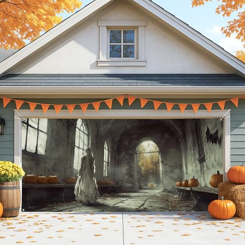 Haunted House - Cubierta para puerta de cochera, fantasma vintage espeluznante, decoración de puerta de garaje grande, decoración de fondo de fiesta de Halloween para interiores y exteriores, 157 x 71