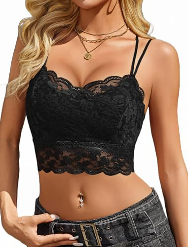 Avidlove Canotta da Donna in Pizzo Bustino Sexy Top Corto Spalline Sottili Bralette Canotta Scollo a V Senza Maniche per Festival e Feste Nero M