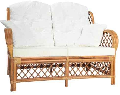 QJBSAVVA 2-Sitzer Sofa Hellbraun Rattan mit Cremeweißen Kissen 125 x 81 x 88 cm Elegantes Design für Wohnzimmer Balkon und Innenbereich