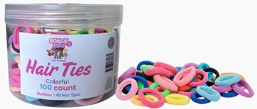 Bonsai Kids Hair Ties 100 Pack - Colorful No Crease Elastic Ponytail Holders, No Damage Soft Bands for Girls, Toddlers, Teens, Multi-Color Hair Accessories