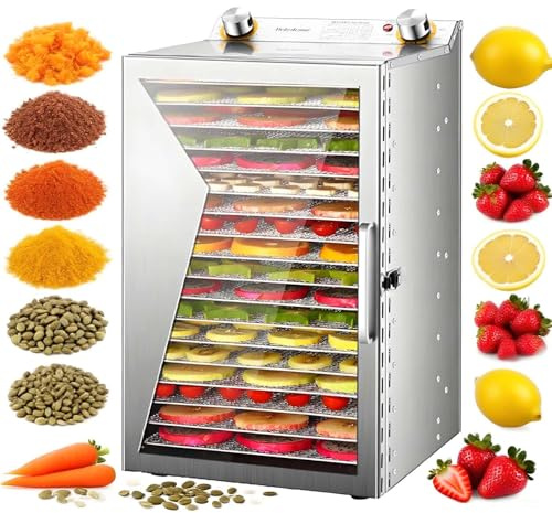 Déshydrateur Alimentaire Inox 800W Avec Minuterie Digitale, Grande Capacité Plateaux Pour Viande Séchée, Fruits, Légumes, Herbes, Friandises Pour Chiens, Circulation D’air 360°(18Layers)