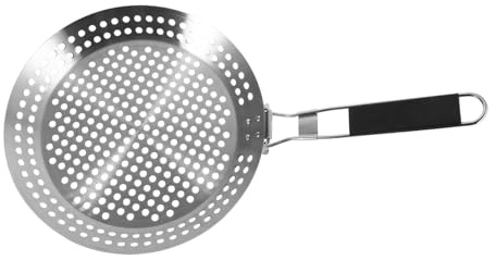 Parliky Plaque Barbecue Ronde Perforée Acier INOX avec Manche Abs Ergonomique Poêle Griller Antiadhésive Polyvalente pour Viande et Légumes Plateau Plancha Barbecue Extérieur Portable