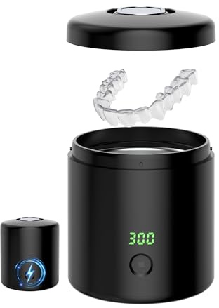 SHGUMITE Limpiador ultrasónico de retenedores – Estuche limpiador dental inalámbrico portátil de 42 kHz para dentadura, alineador, frenillos, joyas, modos de limpieza rápida y profunda, con 6 tabletas