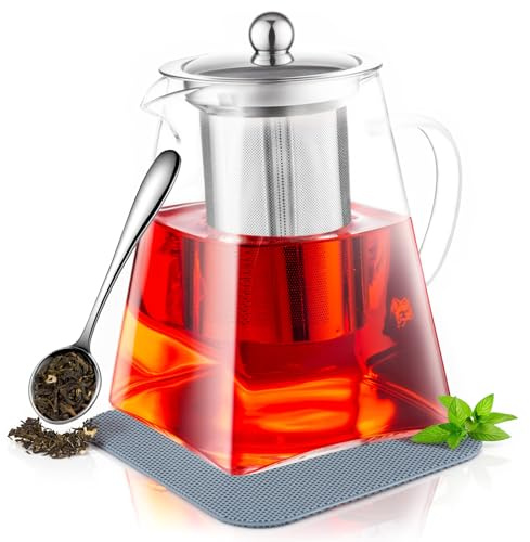 PluieSoleil Teapot with Tea Scoop and Mat 950ml/32.12oz Heat-Resistant Borosilicate Glass Teapot Set with Strainer, Handmade Glass Teapot with Infuser,Tea Pot with Infuser