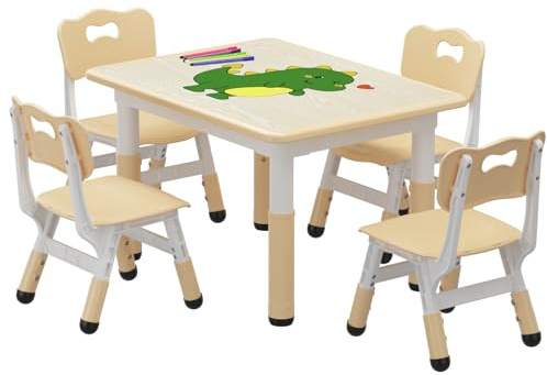 Aptliton Kids Table and 4 Chairs Set, Height Adjustable Toddler Table and Chairs Set for Ages 2-10, Graffiti Desktop, Non-Slip Legs, Children Table for Daycare Home
