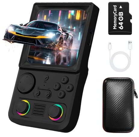 WDYQJE R36TMAX Handheld Game Console, 4.0 Inch 720x720 IPS Screen, 64GB Supports 18000+ Classic Games, Open Source Linux System, Retro Handheld Game Console with Portable Case (Black 64GB)