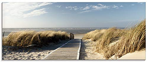 ARTland Wanddeko Glasbilder Wandbild Glas Bild einteilig 125x50 cm Querformat Strand Meer Küste Nordsee Natur Landschaft Dünen Gräser Steg Maritim T5RM