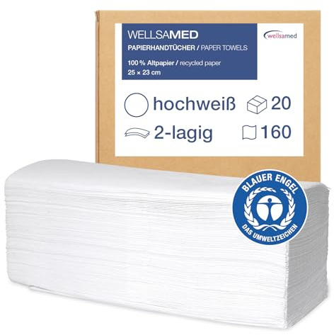 wellsamed Papierhandtücher Zellstoff 2-lagig ZZ-Falz hochweiß 25 x 23 cm Handtuchpapier Falthandtücher Papiertücher, 3200 Blatt