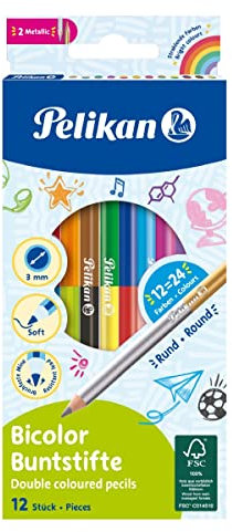 Pelikan 700146 12 Bicolor-Buntstifte, 24 Farben, rund, jeder Buntstift mit 2 verschiedenfarbigen Enden, farbig lackiert in Minenfarbe