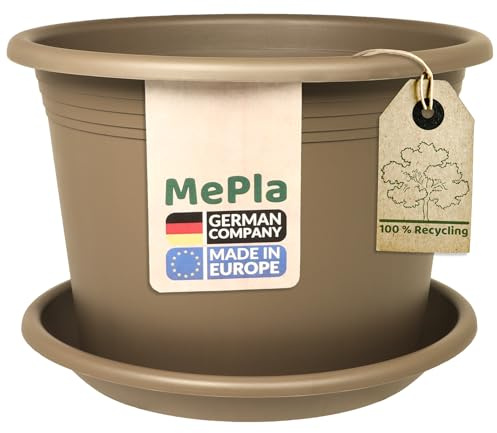 MePla - Blumentopf Pflanzkübel Cylindro ø80 cm + Untersetzer ø78 cm, Taupe, wetterfest aus UV-beständigem Kunststoff