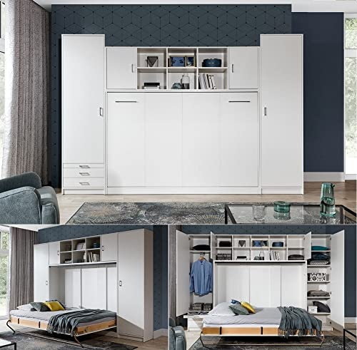 QMM Schrankbett Wandbett Wandklappbett horizontal HB 120x200 mit 2 Schränken & Aufsatz weiß neu