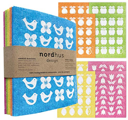 Nordhus Design Swedish Dishcloths,10 Cloths, Made in Sweden - Reusable, Washable Cellulose Cotton Kitchen Cloths - Replace Paper Towels, Wipes, Sponges, Dish Rags