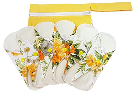 Lilind® 6-pack 9 tum organiska tygdynor, startset, gratis dragkedja våtväska, återanvändbara vattentäta menstruella sanitära servetter, 100 % bomull, gula blommor