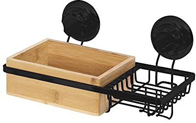 Compactor RAN10214 Mehrzweckablage fürs Bad mit Seifenablage, Fixierung Dank Saugnapf, Für bis zu 12 kg Last, Bambus und Verchromter schwarzer Edelstahl, 27,3 x 15 x 13,5 cm