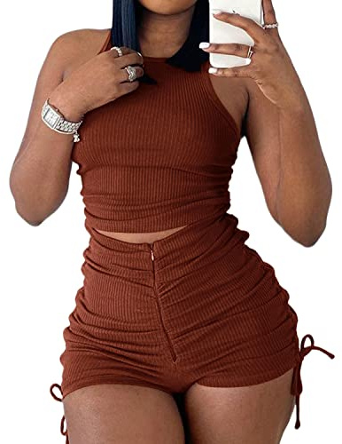 PYAEAS Summer Two Piece Outfits for Women, Casual Stretchy Ribbed Tank Crop Top Drawstring Ruched Shorts Set Workout Tracksuits (Brown,L)