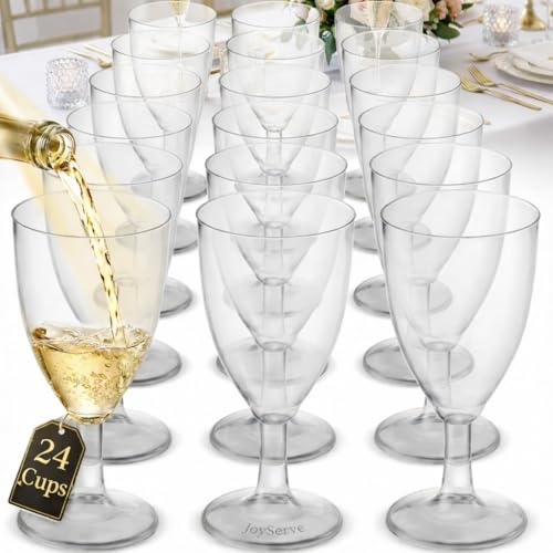 JoyServe Copas de vino desechables de plástico de 7 onzas (paquete de 24) copas de vino de plástico transparente sin BPA con tallo y vasos de vidrio para fiestas, bodas, tostadas, muestras de