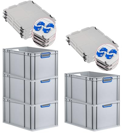 PROREGAL SuperSparSet 5x Eurobox NextGen Color mit Auflagedeckel & Schiebeschnappverschlüsse, HxBxT 32x40x60cm, 65L, Griffe blau offen, Verstärkter Boden, Eurobehälter Transportbox Transportbehälter