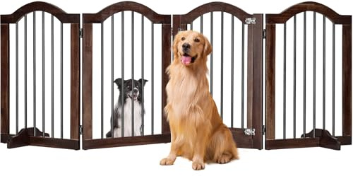 PrimeZone 96 Wide Dog Gate with Door - 30 Tall 4-Panel Solid Acacia Wooden Freestanding Puppy Gates, Foldable Indoor Pet Fence for Doorways, Stairs, Support Feet Included, Brown