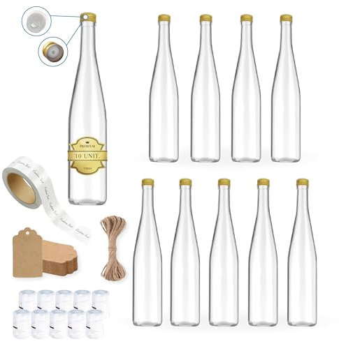 10 bottiglie in vetro da 700 ml con tappo a vite dorato con beccuccio versatore + 10 sigilli + 10 etichette adesive + 10 etichette Kraft + spago - bottiglia per olio d'oliva, acqua, liquore, alcool