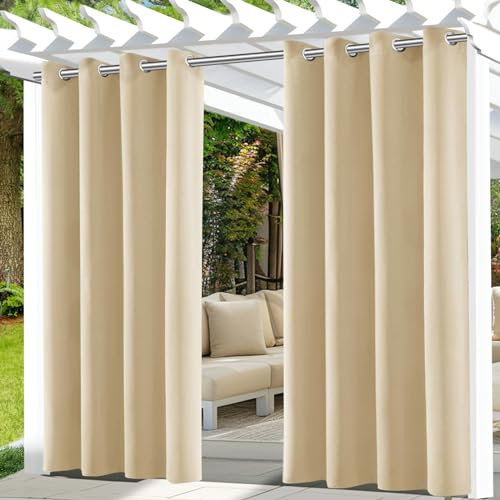UFYTT Tende da Esterno Impermeabile,2 Pezzi Tende per Esterno con Anelli,Tende per Gazebo Esterno Oscurante,Tende Idrorepellente per Esterni per Balconi,Terrazzo,Veranda,132x215cm,Beige