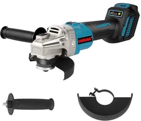 ONEVAN Akku Winkelschleifer 125 mm, 180° Drehbarer für Schneiden Mehrerer Winkel, 3-Gang 0-18000 R/MIN Bürstenlos Winkelschleifer Regelbare Drehzahl mit 2 3000mAh Akkus (Blau, Nur Maschine)