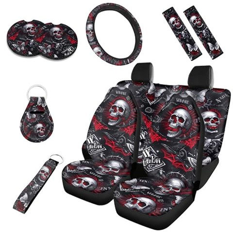 Kuiaobaty Autositzbezüge mit Totenkopf-Druck, lustiges Kunst-Auto-Dekor, komplettes Set, Gothic-Fledermäuse, Skelett, Autozubehör, universell passend für die meisten Fahrzeuge