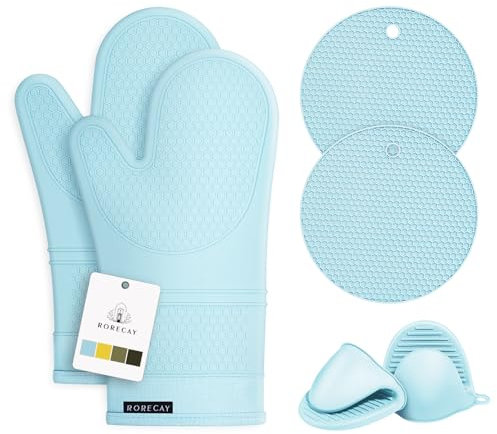 Rorecay Ofenhandschuhe und Topflappen-Sets, extra lange Silikon-Ofenhandschuhe, hitzebeständig, 500 Grad, rutschfeste Topflappen, heiße Pads für Küche, Backen, Kochen, gesteppte Auskleidung