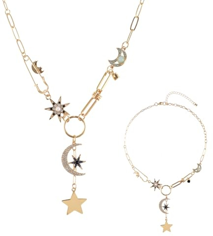 Mikovivi Gold-Charm Sonne-Mond-Stern Halskette - Boho Vintage Klobiger Anhänger Schmuckgeschenk für Frauen Geburtstag