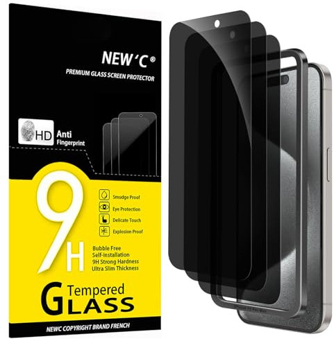 NEW'C 3 Pack Privacy for iPhone 15 Pro Max Screen Protector (6.7 inches), Anti-Spy Tempered Glass Film,Case Friendly Ultra Resistant, Balanced 28-Degree Privacy Angle-Easy installation tool included