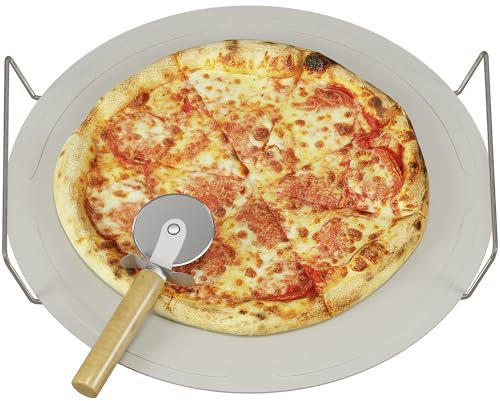 Zeno Pizza Stone - 33CM | Even Heat Distribution | Non-Stick with Stainless Steel Handles | Pizza Cutter Included