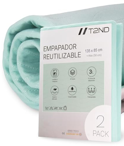 T2ND Protector Cama Impermeable Lavable Reutilizable Para Incontinencia Adultos Mayores Niños Mascotas Alas Ajustables 4 Capas Absorbentes Higiénico Antiescaras Cuidado Nocturno Fácil Lavado 135x85 cm