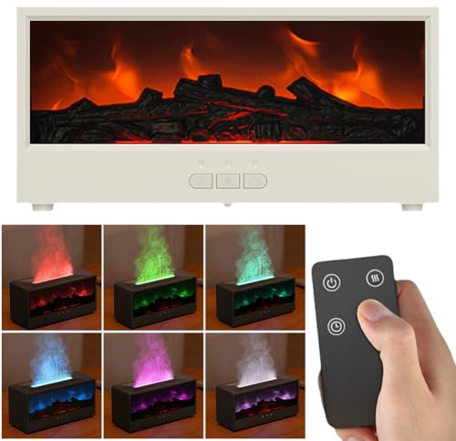 3D Flammen Aroma Diffuser mit LED Kamin, USB Leise Aroma Diffuser für Ätherische Öle mit 7-Farben-Licht, Luftbefeuchter mit Fernbedienung, 3 Timer, Wasserlose Abschaltautomatik (Weiss)