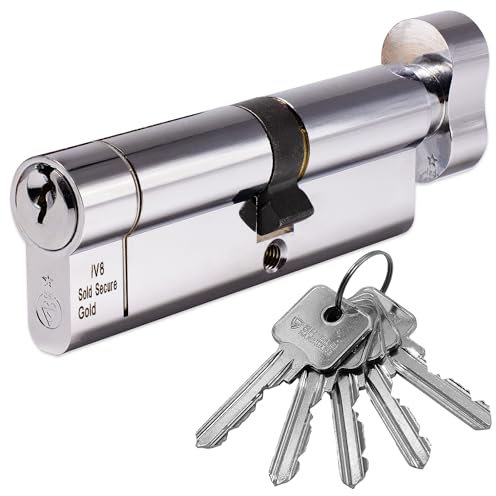 Euro Cylinder Door Lock Thumb Turn Chrome - BSI TS007 Sold Secure Gold Anti-Snap - Includes 5 Keys 40T/40