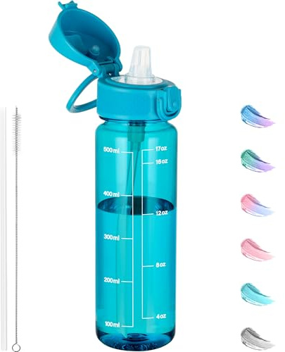 GOPPUS 500ML/17OZ Clear Tritan Water Bottle with Straw Transparent Childrens Drinks Bottle with Carrying Handle See Through Measured Bottles with Flip Top Lid Leakproof Adults Water Bottles BPA Free