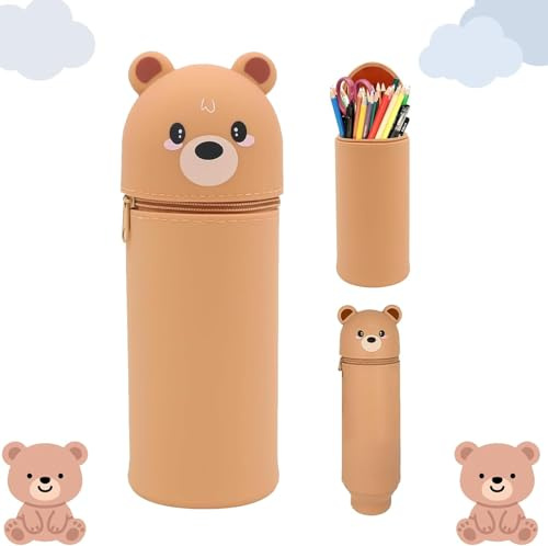 KKTONGXI Kawaii Federmäppchen Cartoon Federmäppchen 2 in 1 Weiche Federmäppchens Stifteetui aus Silikon Teleskopisch Mäppchen Tier-Stifthalter Stand Up Federmäppchens Bear