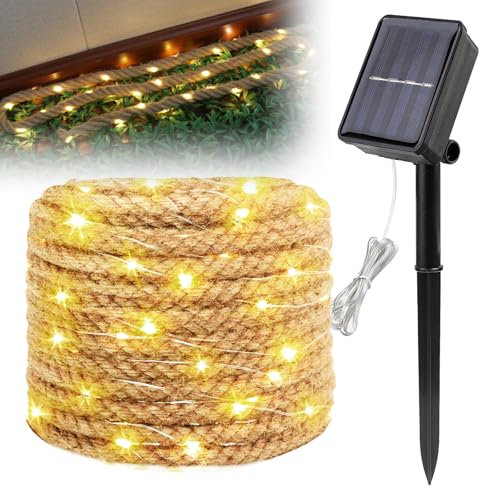 PORFOYO Guirnaldas Luces Exterior Solar, 7M 100 LED Cuerda De Cáñamo Solar Para Exteriores, Cuerda De Luce Solares, Luces Solares Led Exterior Guirnalda Exteriors Para Jardín Fiesta Boda Pabellón