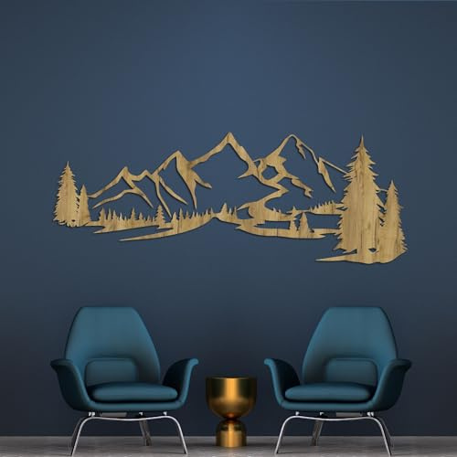 SENTOP HDF0414 Wanddekoration aus Holz – Wandbild Berge & Wald – Natur Holzdeko für Wohnzimmer, Schlafzimmer & Büro – Handgemachte Wandkunst aus Eiche (Goldeiche, 178 x 69 cm)