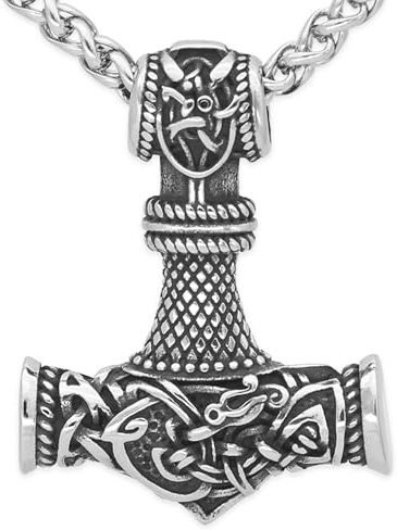 JUZICHEN Martillo De Thor, Cadena Plata Hombre, Colgante Martillo Thor, Cadena Runas Vikingas Amuletos De Proteccion Hacha Vikinga, Vikingos Collar Plata Oro Negro, 60 Cm (B, plata)