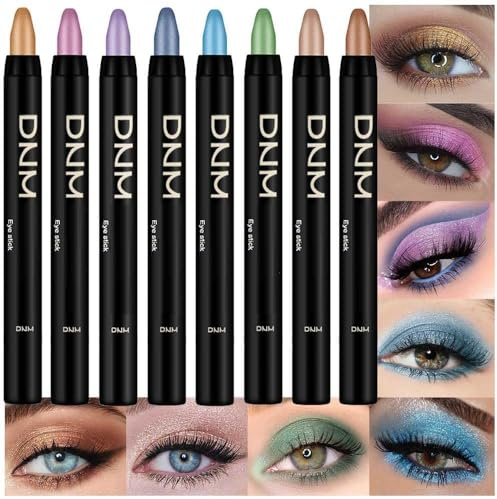 8 Farben Glitter Lidschatten Stick Stiften Makeup Set, Wüstenmocha Beige Gold Hellviolett Rosa Himmelblau Grün Glitzer Schimmer Eyeliner Stift, Creme Lidschattenpalette, Make-up für ältere Frauen